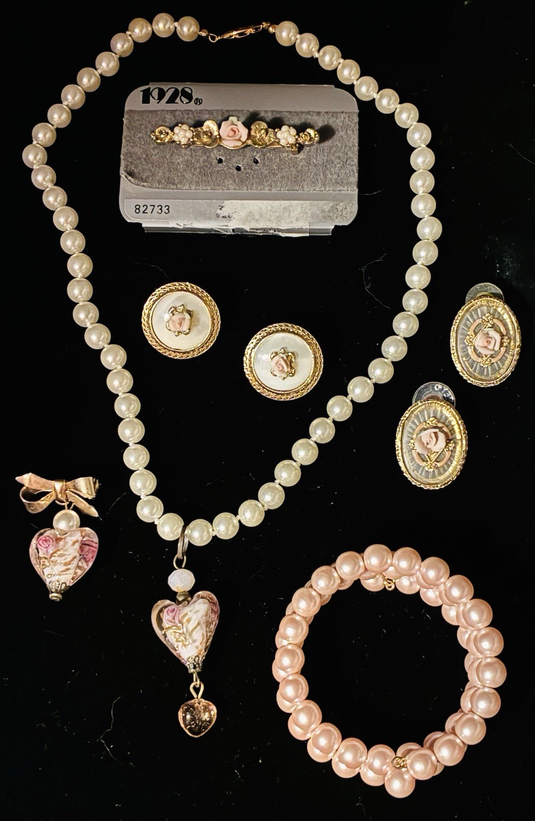 Vintage Romantic Jewelry Lot 1928 NOS Brooch Rose Earrings Pearls Necklace Etc