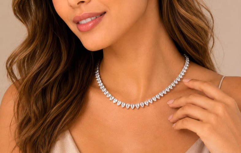 20TCW Pear Cut Lab Created Diamond Women’s Tennis Necklace 14k White Gold Plated