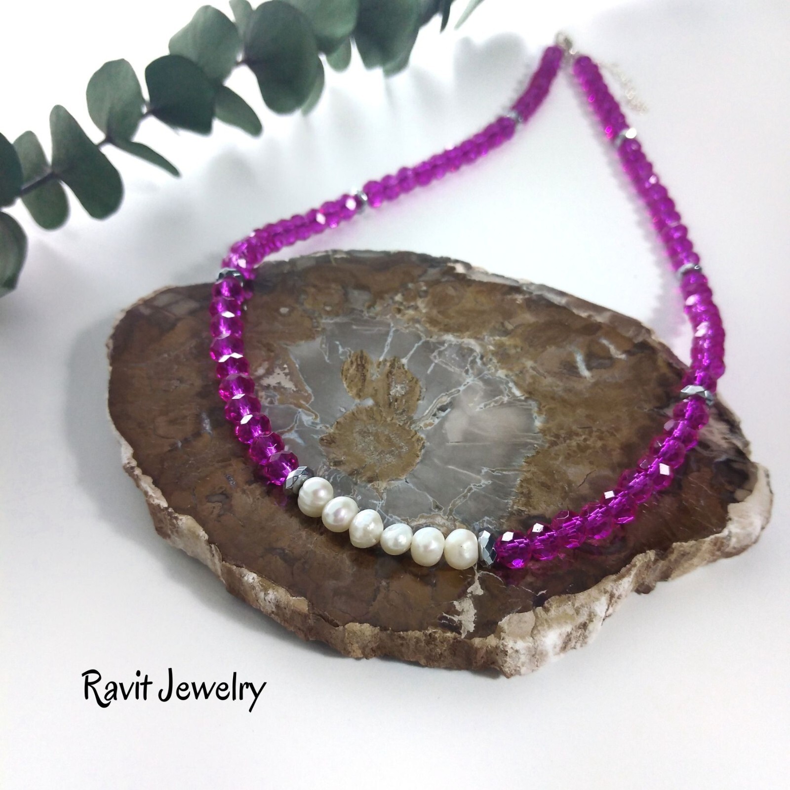 HOT PINK FUCHSIA Necklace Rondelle Glass Beads With Natural Freshwater Pearls