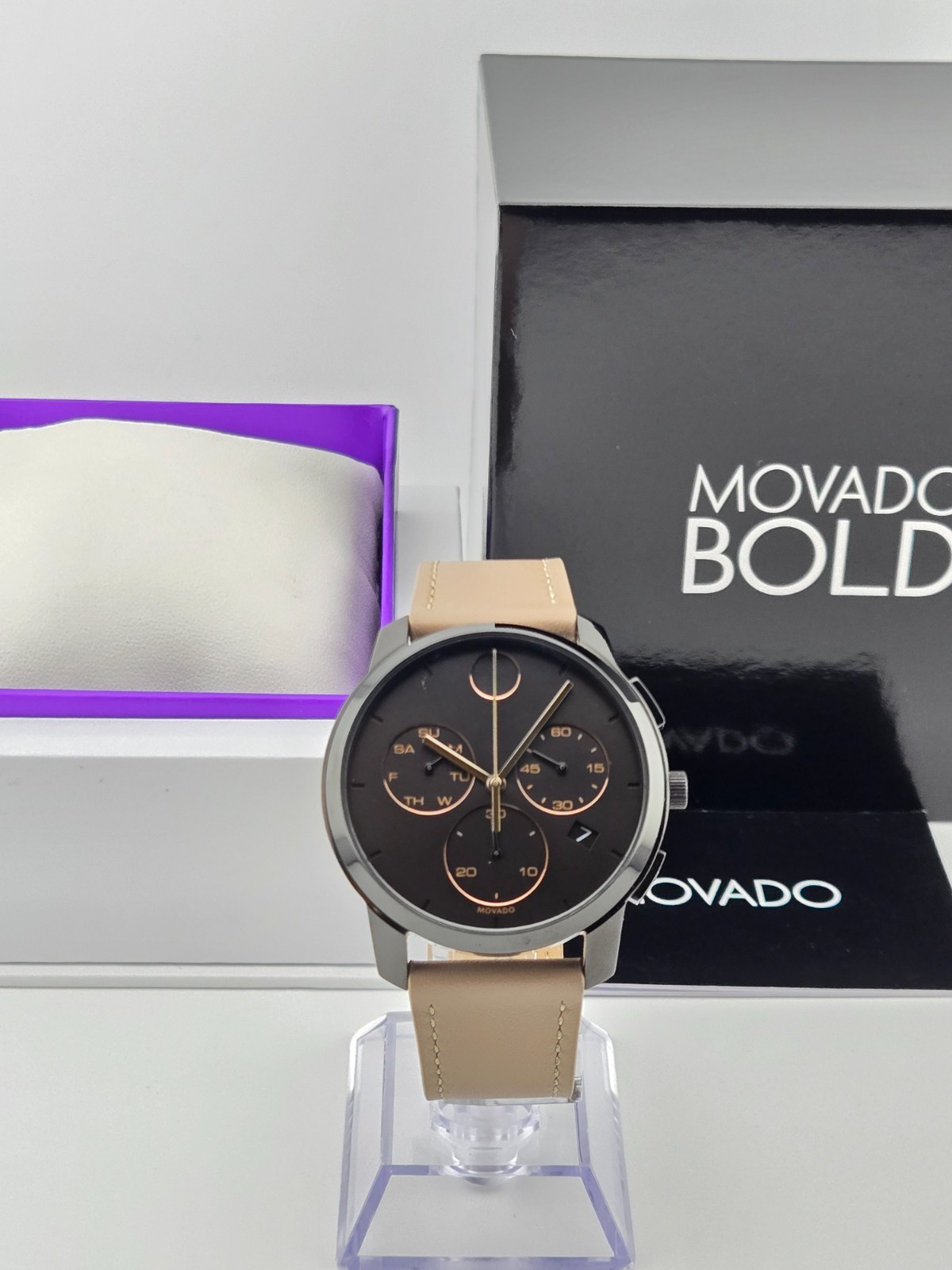 Movado Men’s Bold Black Dial Beige Leather Strap Watch – 3600719 ($650 MSRP)