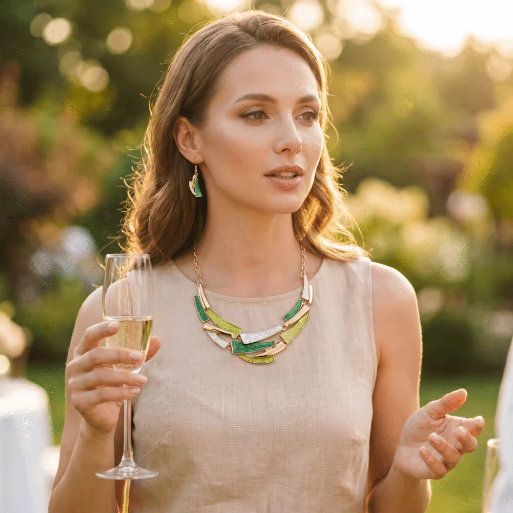 Layered Geometric Enamel Jewelry Set Necklace Earrings Zinc Alloy Elegant Gift