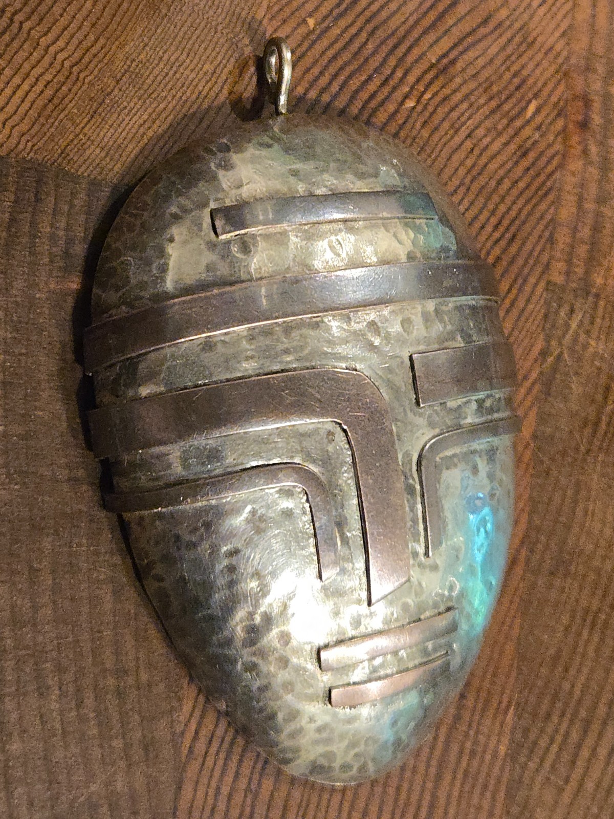 Large MCM Mexico Modernist Copper Silver Hammered Mayan Aztec Mask Pendant