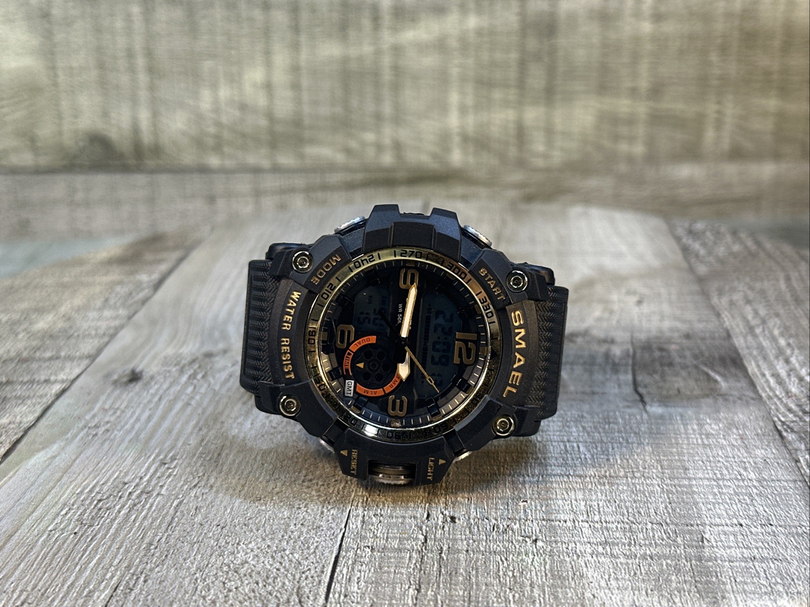 SMAEL Men’s Tactical Analog Digital Watch Dual Time WR 50M Black Gold