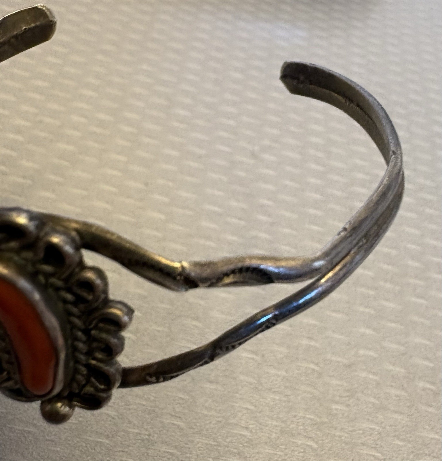Vintage Navajo Sterling Silver Red Coral Cuff Stampwork Signed JJJ Bracelet READ