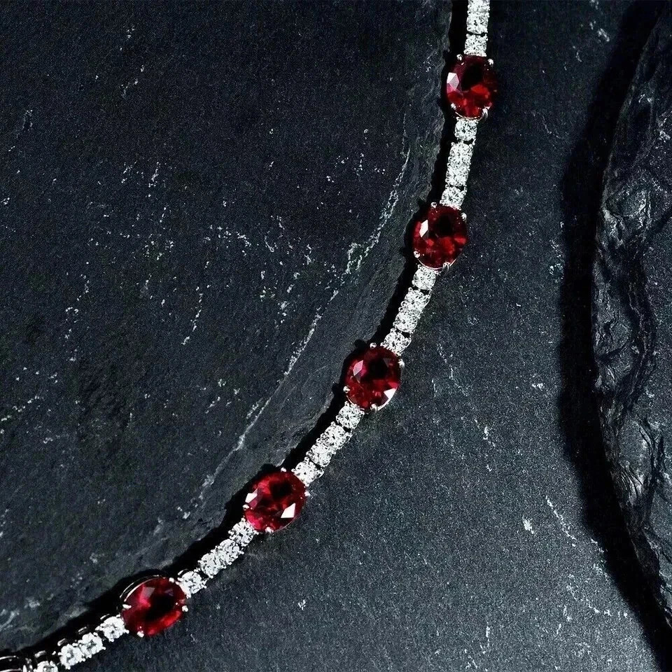 20TCW Oval Cut Lab Created Ruby & Diamond Tennis Necklace 925 Sterling Silver