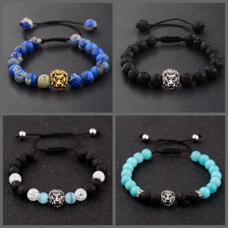 Fashion Men’s Women’s Lion Beads Regalite Lava Macrame Weaving Handmade Bracelet
