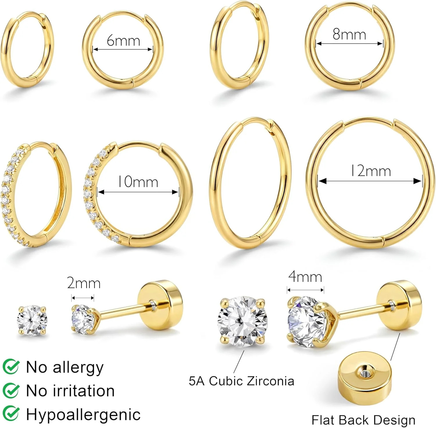 Small Gold Huggie Hoop Stud Earrings Set for Women Stack, Flat Back 316L Hypoall