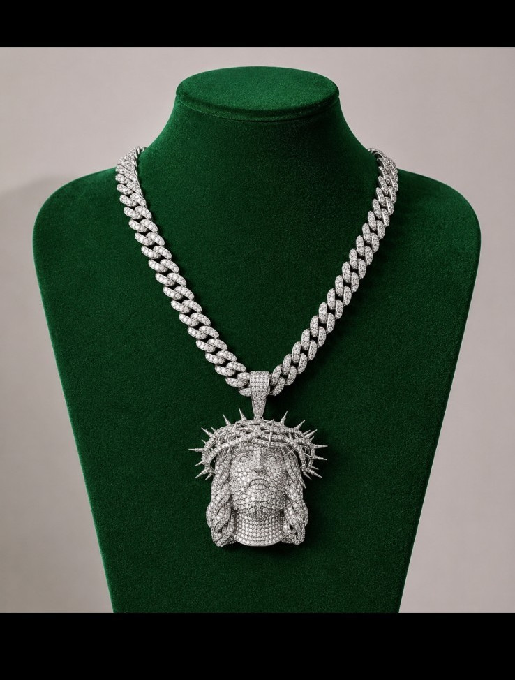 Silver Tone Iced Out Cuban Link Chain Necklace Jesus Head Charm Pendant Pavé CZ