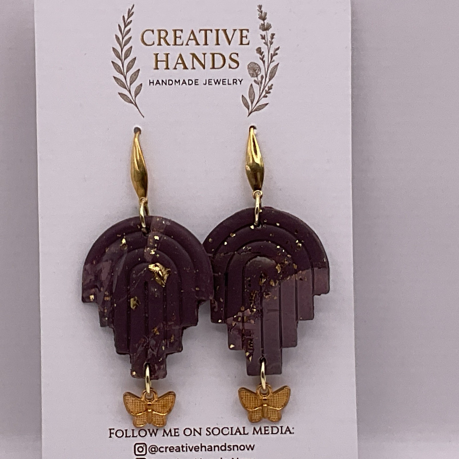 Handmade Burgundy Art Deco Arch Butterfly Earrings Gold Flake Statement Jewelry