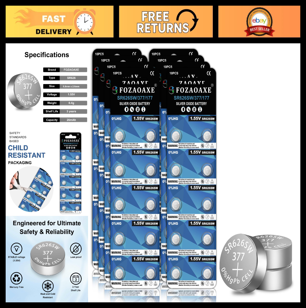 80 Pack SR626SW Watch Battery – Long-Lasting Silver Oxide LR626 AG4 376 Coin Cel