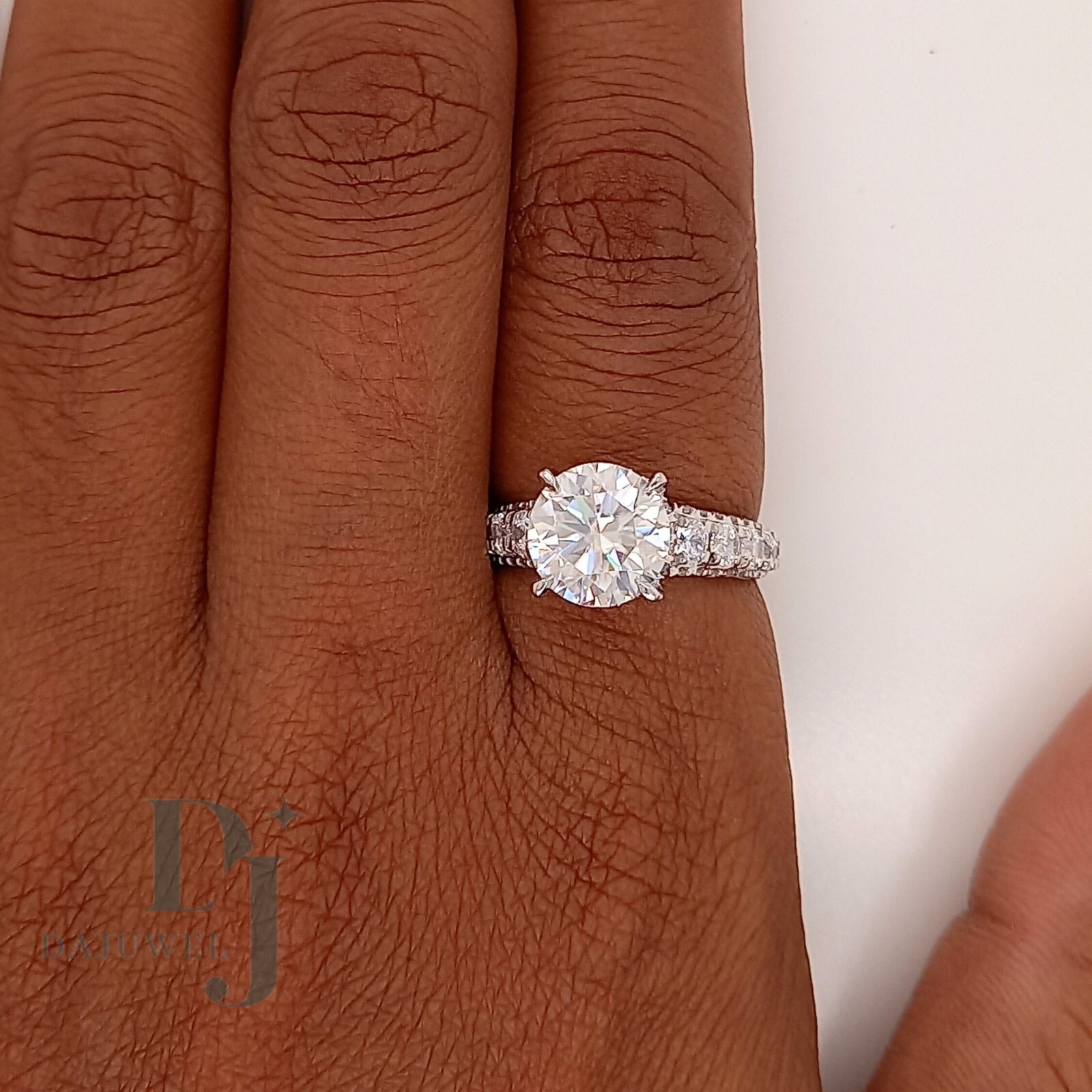 Solid 14K White Gold 3 Ct Excellent Round Cut Moissanite Engagement Ring