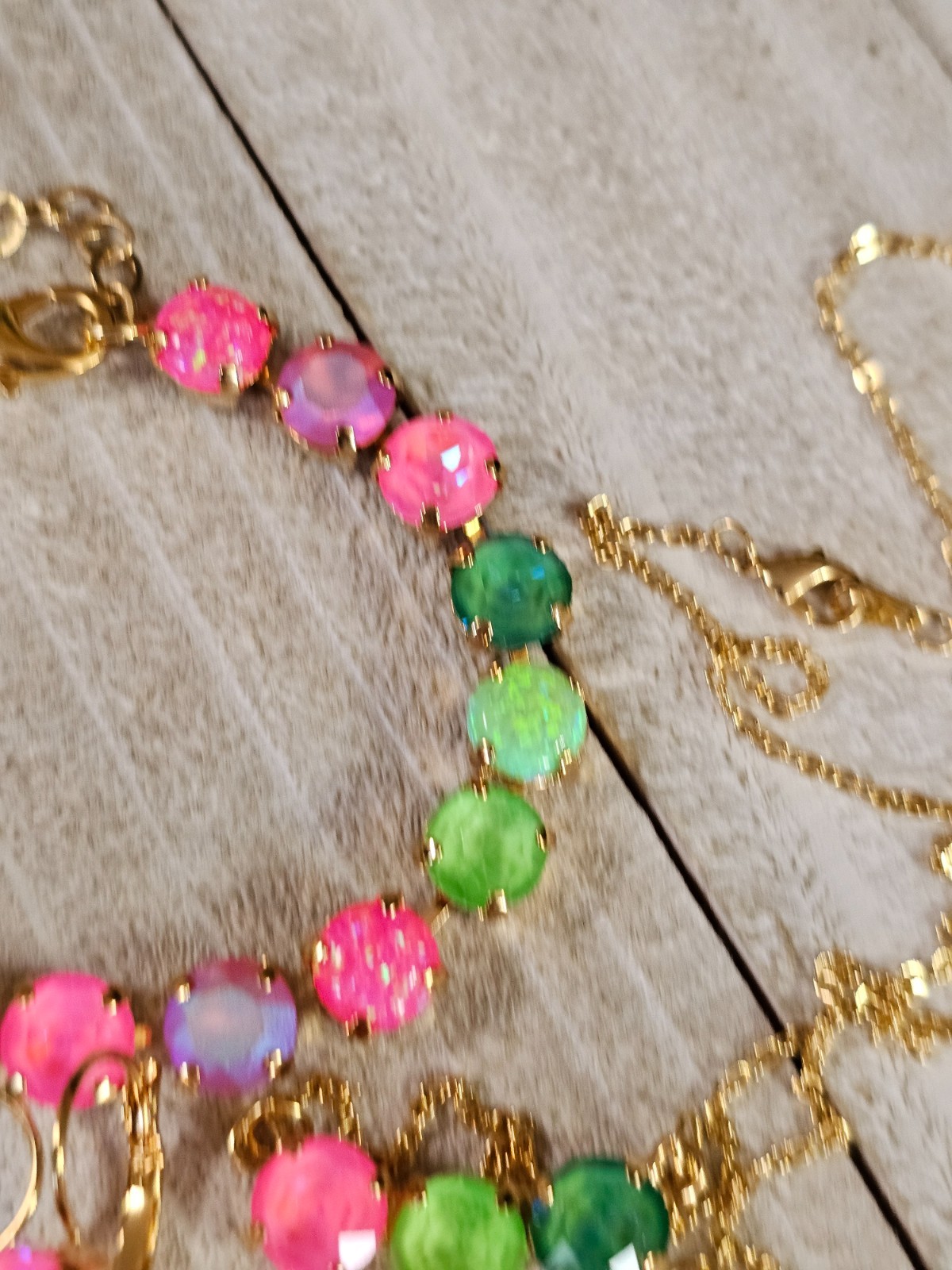 B1-22 Watermelon Mojito Pink Lime Crystal Earrings Cup chain 3pc Jewelry Set