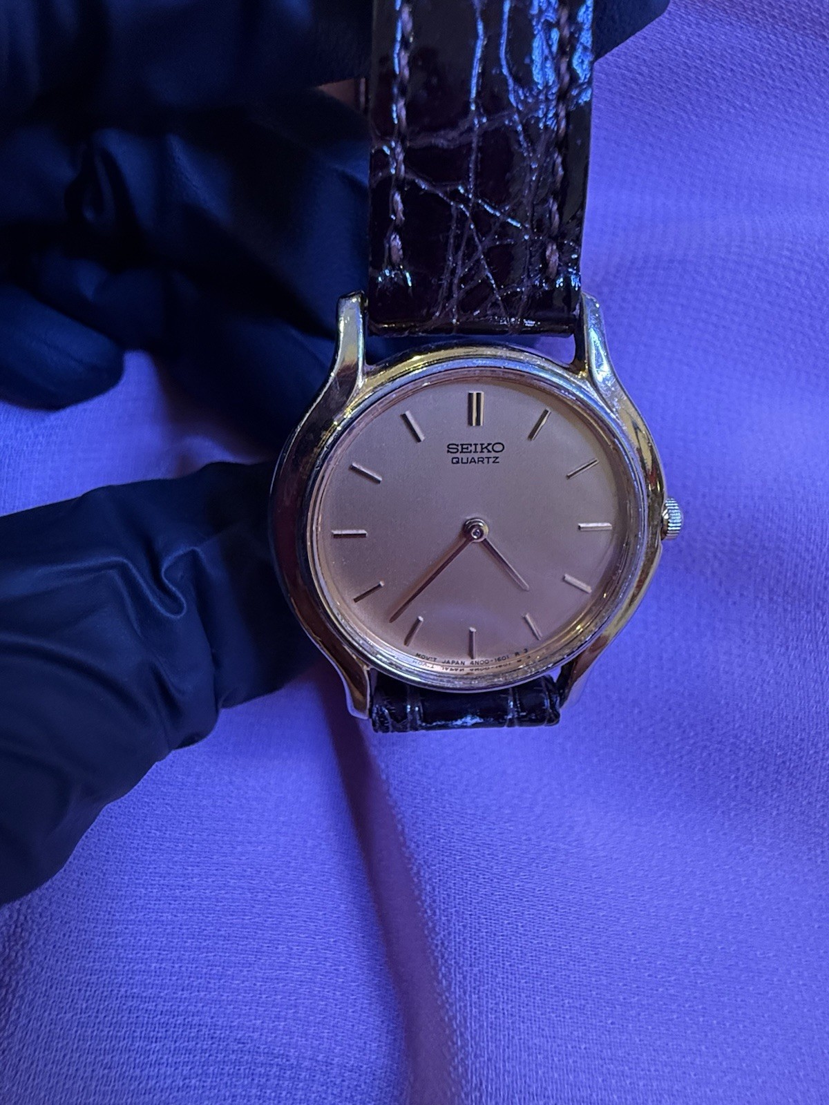 Vintage 1991 Seiko Quartz Dress Watch Gold Dial Brown Leather Strap -Working