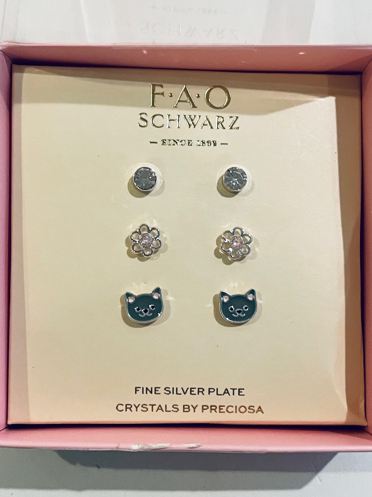 NWT FAO SCHWARZ EARRING SET Gift Beautiful 3 PAIR FINE SILVER PLATE cat /flower