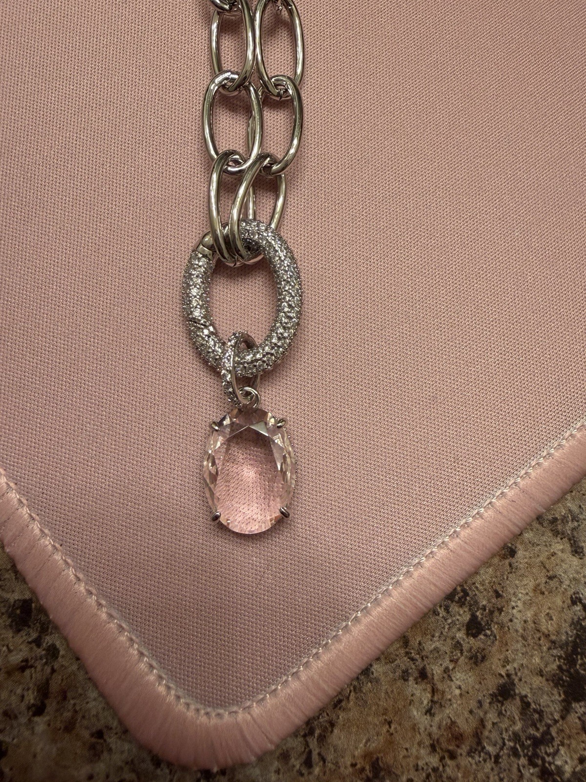 BP Silver Link Chain Necklace Pink Oval Crystal Prong Charm Pendant