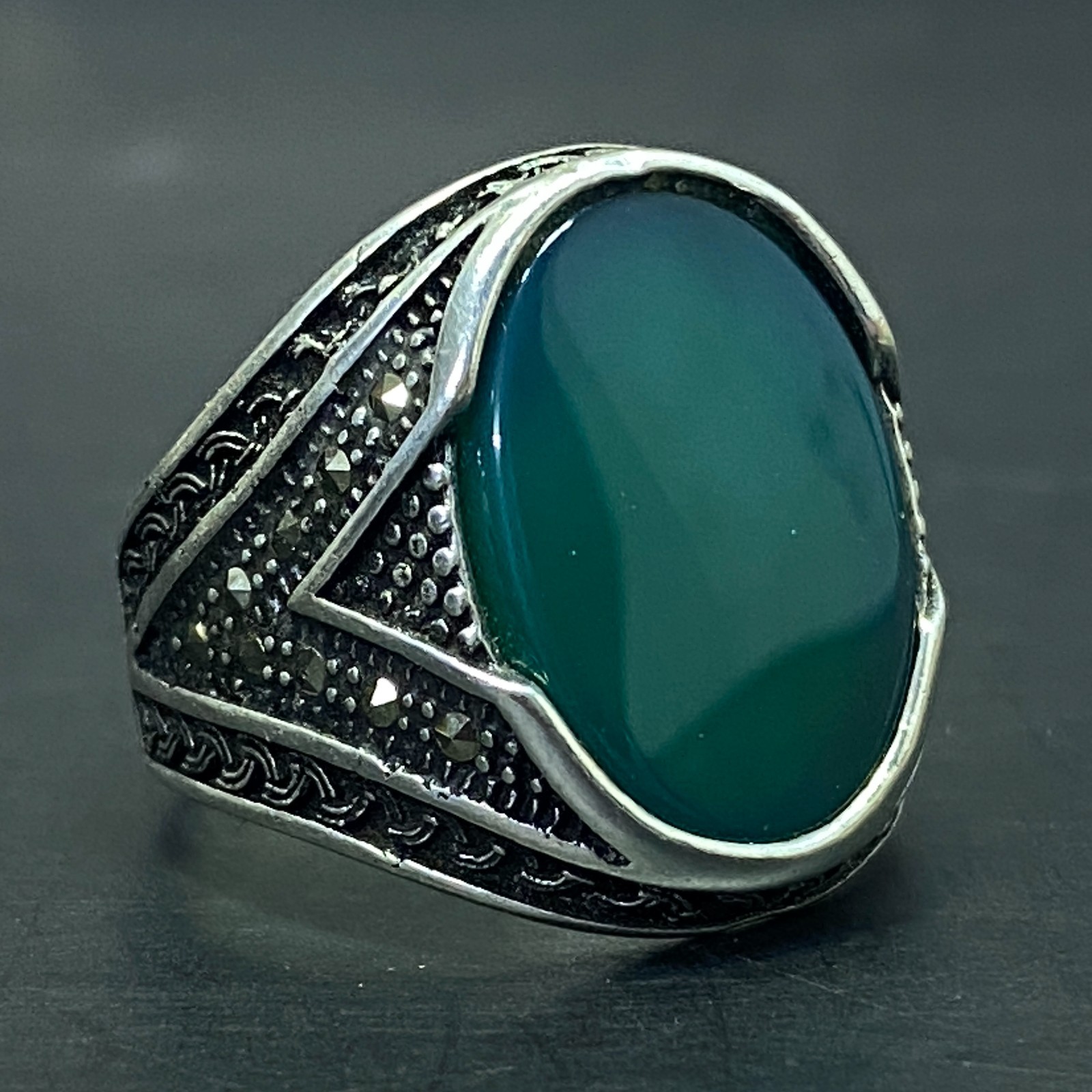 AAA 925 sterling silver ring natural flate green agate aqeeq akik stone all size