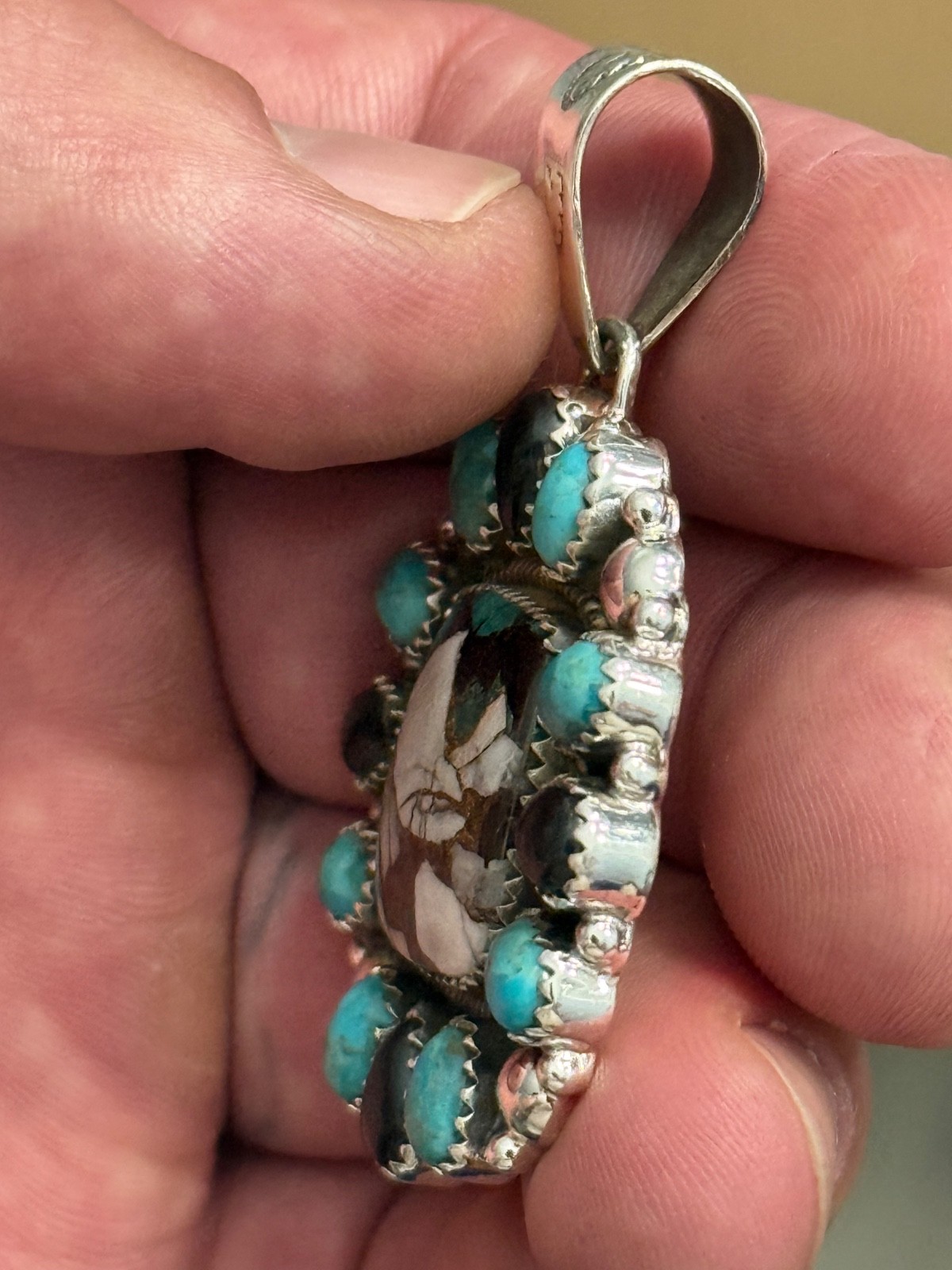 STERLING SILVER TURQUOISE WHITE BUFFALO MIX ONYX BIG CLUSTER DOME PENDANT .925