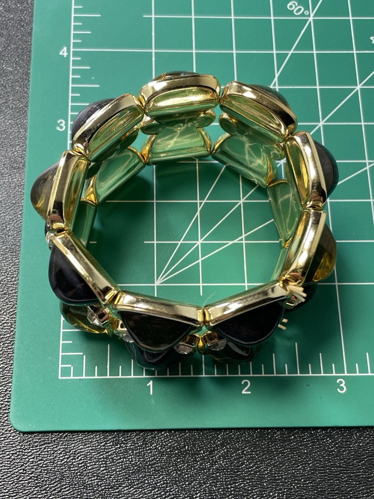 Vintage 1.5” Wide Blue & Green Lucite Rhinestone Gold Tone Metal Stretch