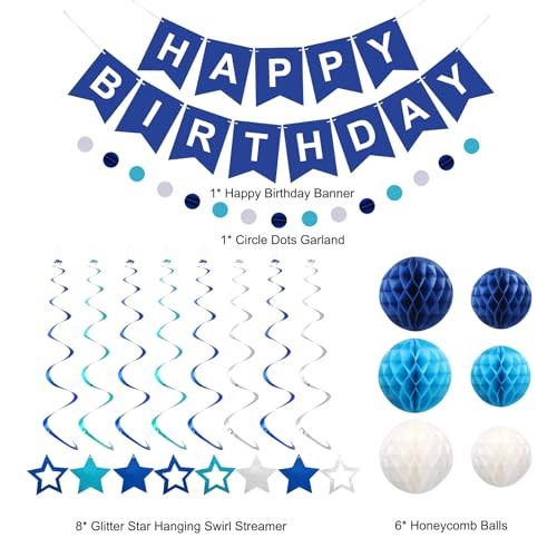 Birthday Decorations, Happy Birthday Banner with Honeycomb Balls, Stars Blue
