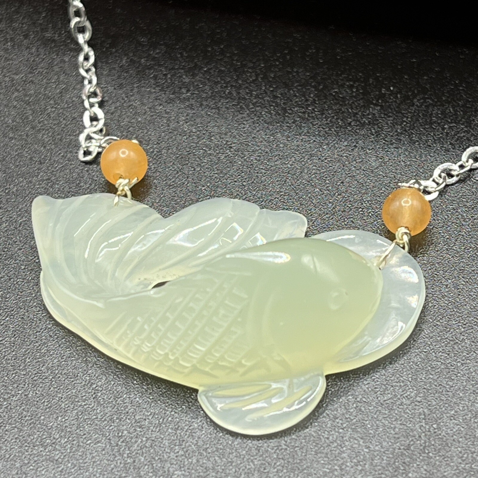 16” Ice Green & Orange Jade Fish Pendant Necklace – Presidium Tested