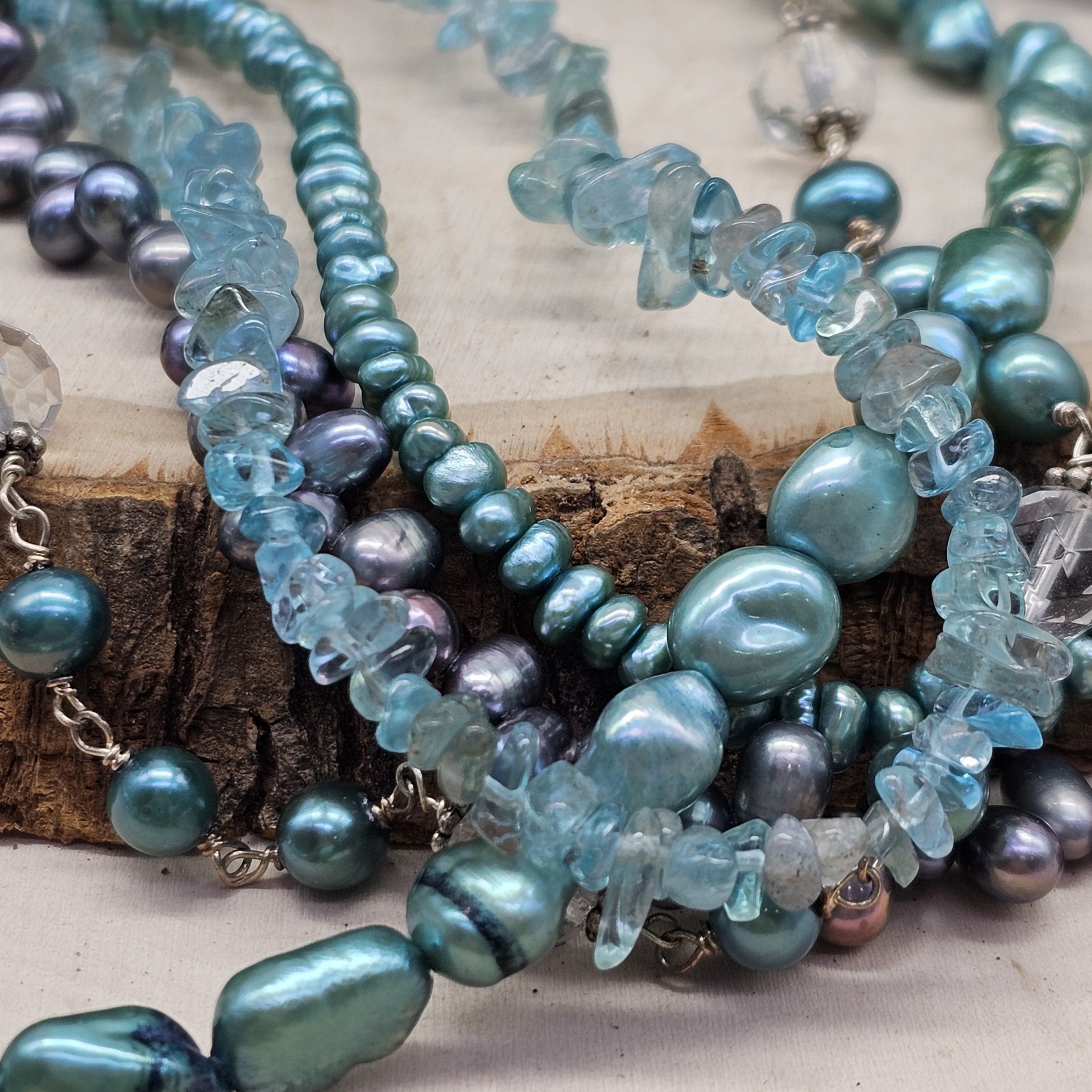 925 Sterling Multi Strand Pearl Apatite Quartz Beaded 17″+ Necklace Blues