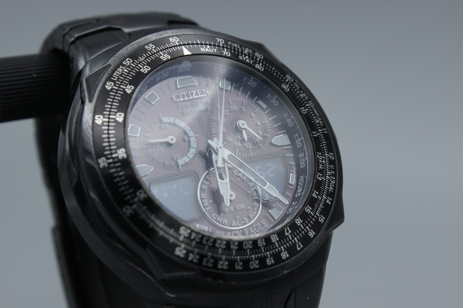 Citizen Eco-Drive Skyhawk Black Eagle Pilot Chronograph Watch Working