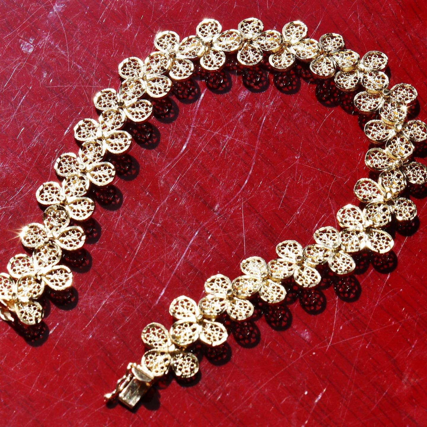14k yellow gold bracelet 7.25″ diamond cut flower link chain handmade 15.7g N307