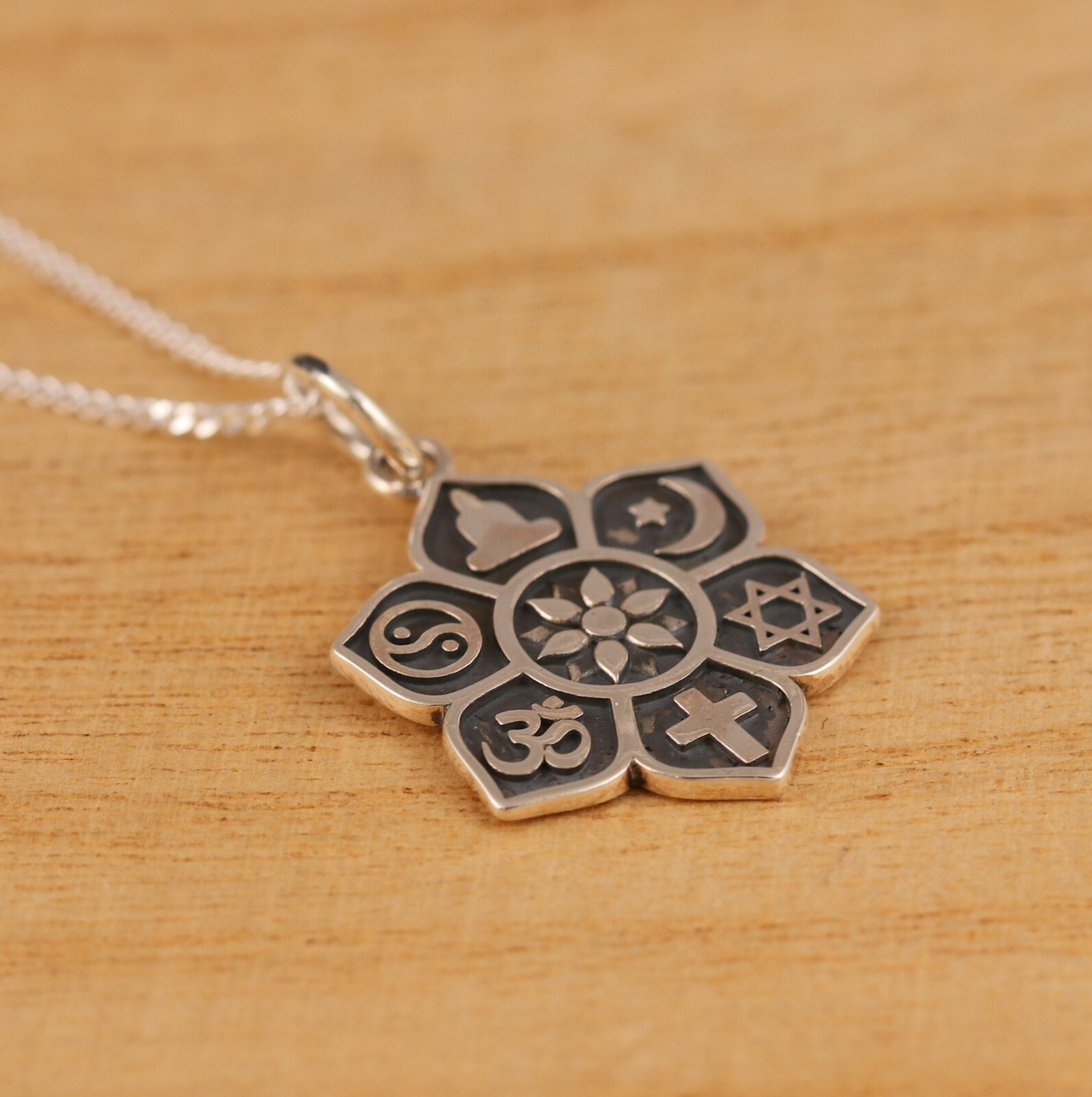 Solid 925 Sterling Silver Coexist Symbol Lotus Pendant Necklace Chain Gift Boxed