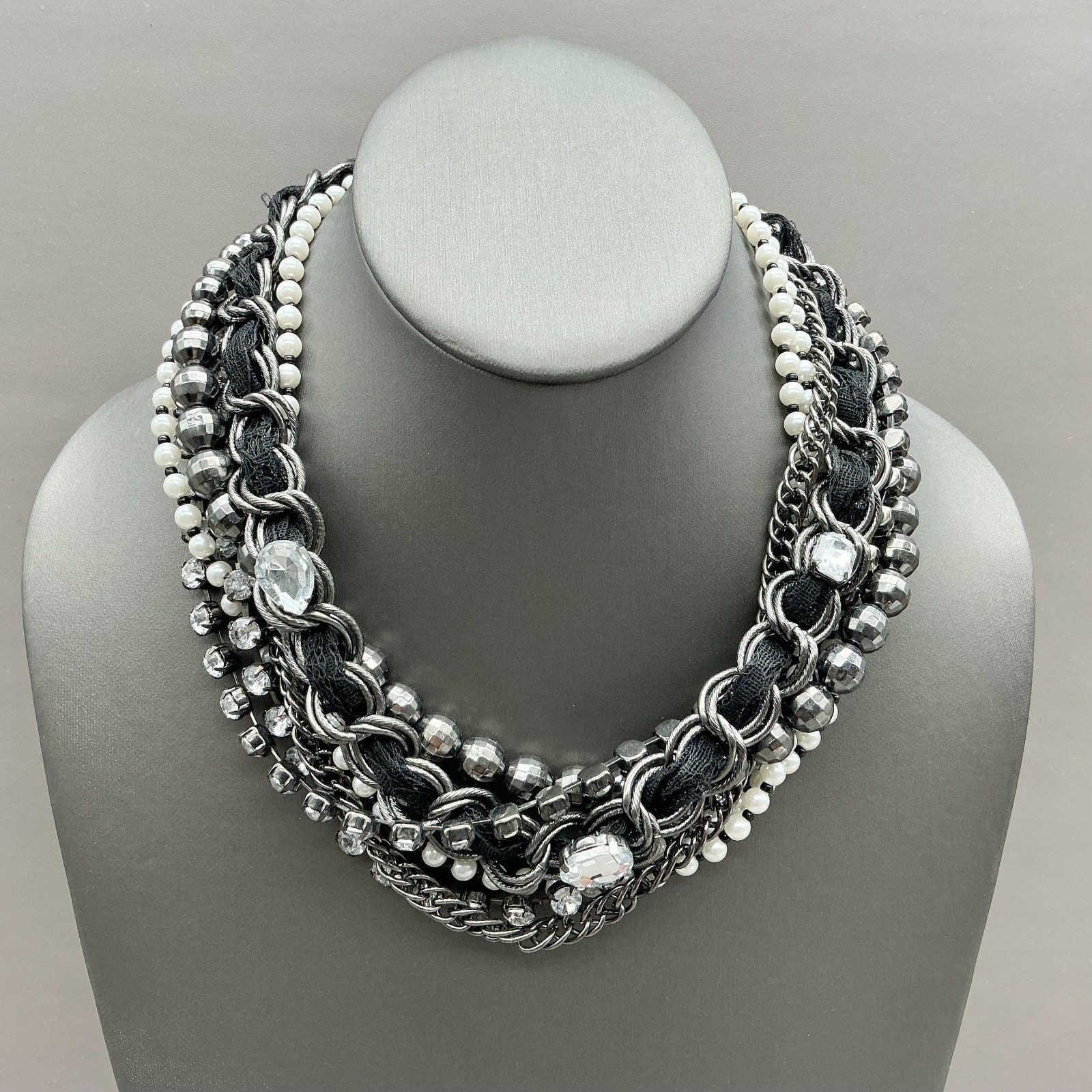 White House Black Market Necklace Gunmetal Faux Pearl Rhinestone Multi Strand