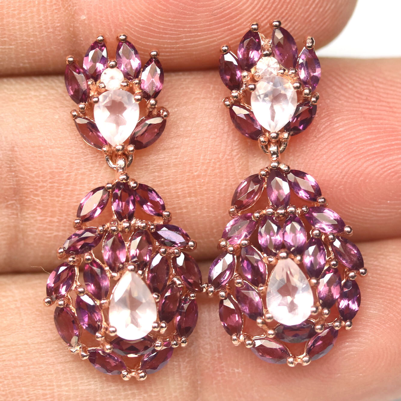 Gemstone Rose Quartz & Rhodolite Garnet Earrings 925 Silver Rose Gold