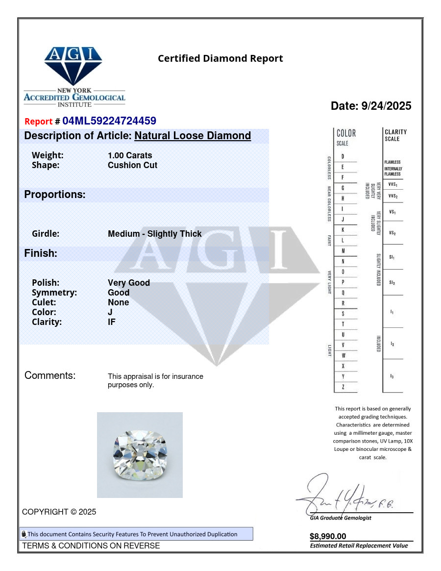 Cushion Cut 1 CT Certified AGI Natural Mined Diamond Loose J color IF clarity
