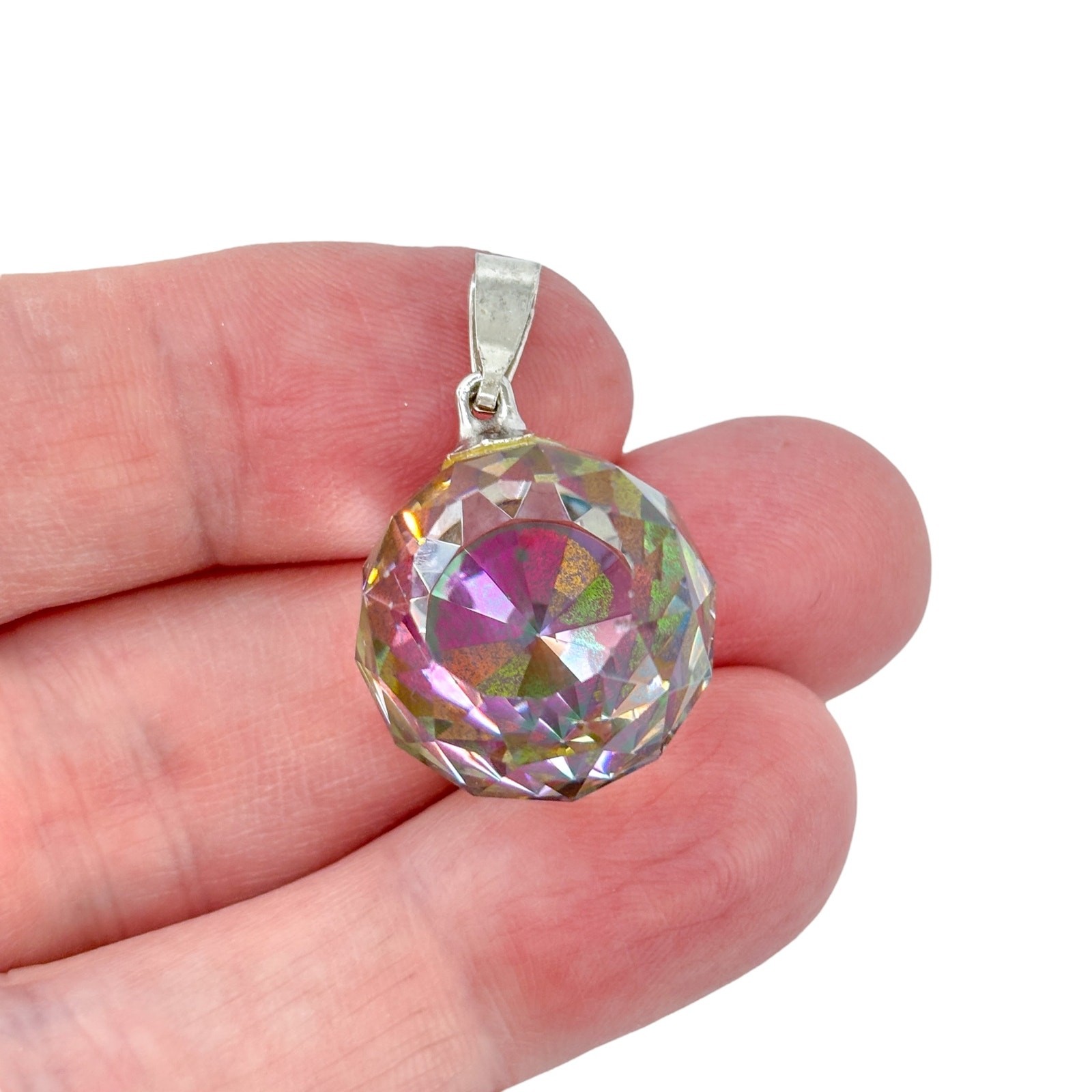 Faceted Aurora Borealis Crystal Pendant | Sterling Silver 925 Round Prism Charm