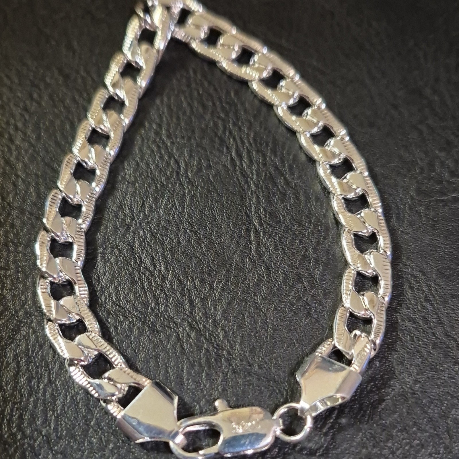 925 Sterling Silver Curb Link Chain Bracelet, Lobster Clasp, Signed, Silver