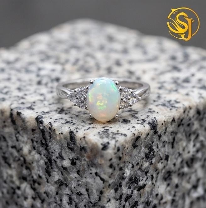 Oval Cut Opal Diamond Ring, 925 Sterling Silver Statement Ring