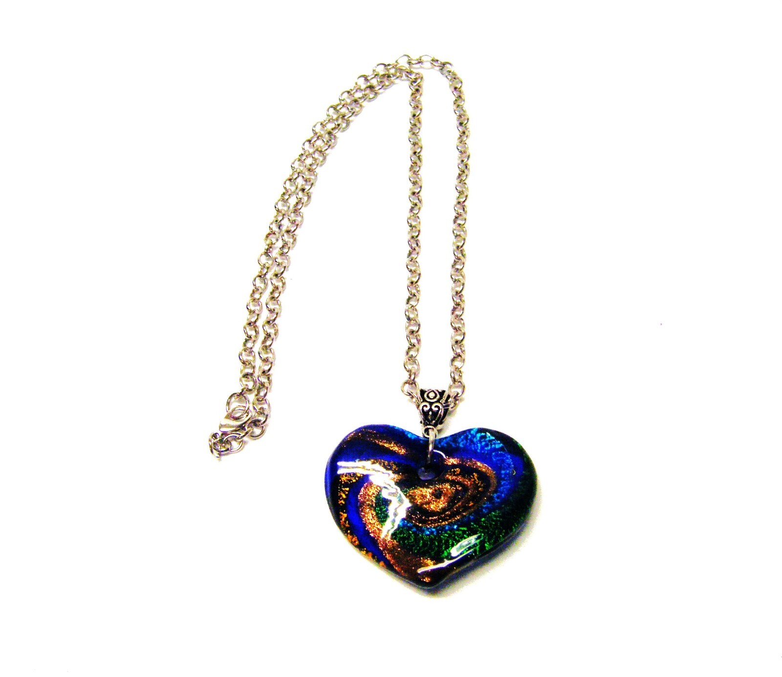 Blue/Green/Gold Dichroic Glass Heart Pendant Necklace