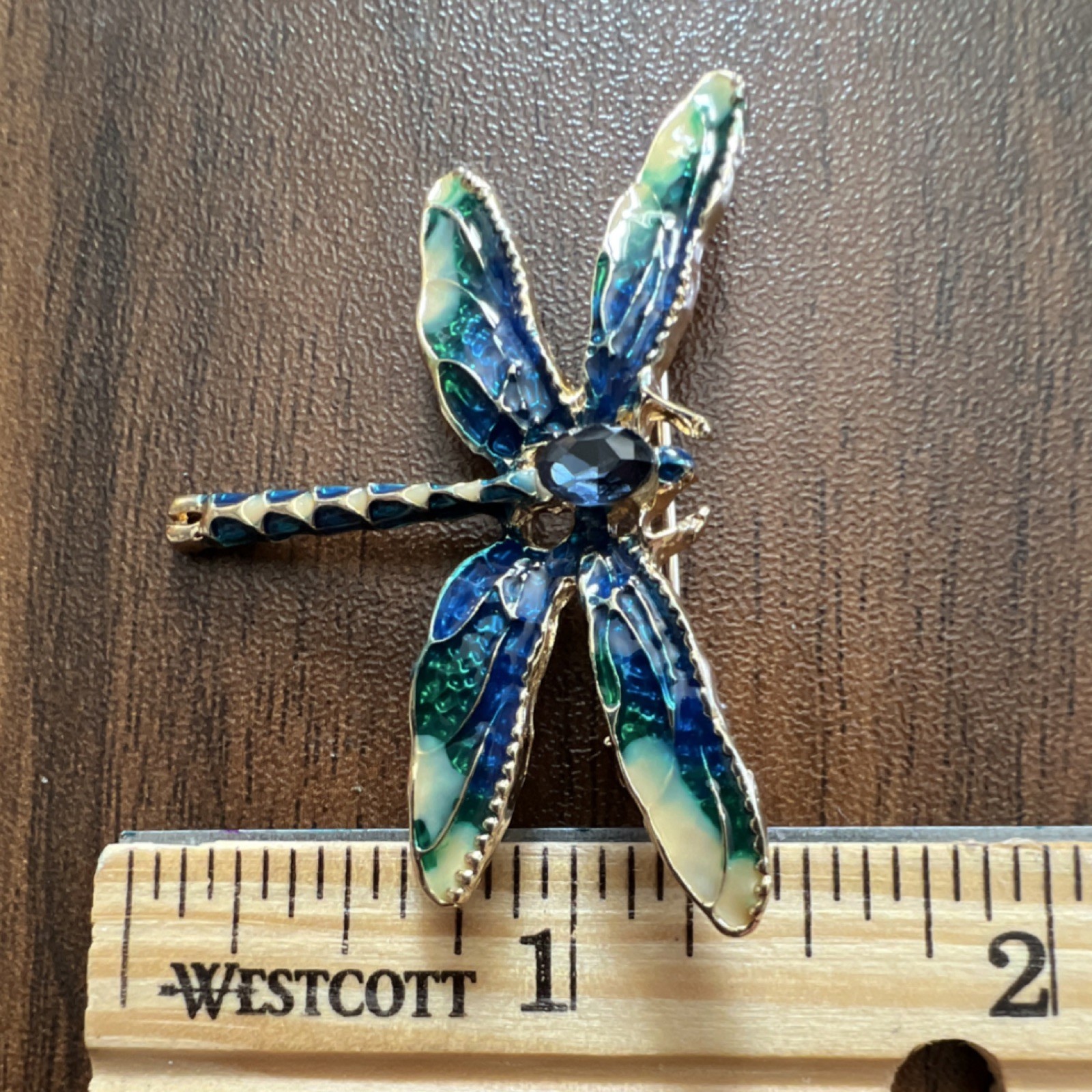 Dragonfly Brooch, Blue Green Gold Enamel Metal, Glass Oval Stone, 2 Inch