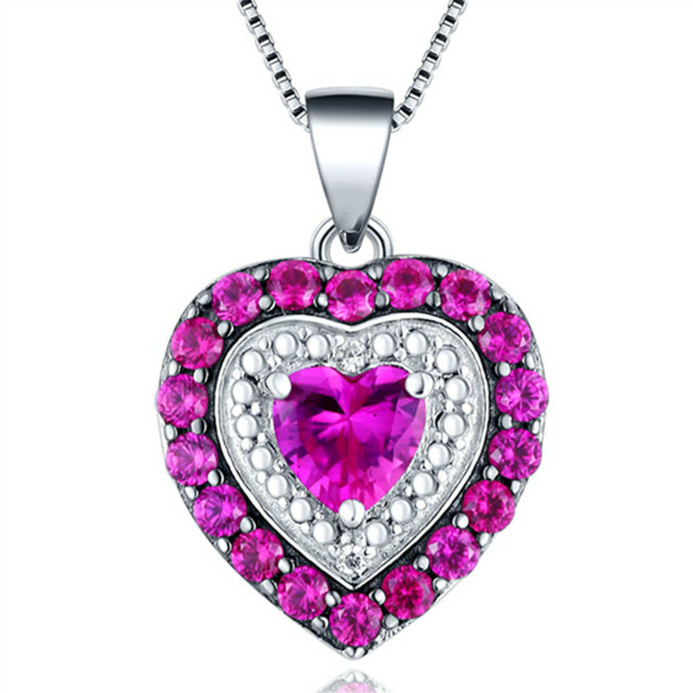 925 Sterling Silver Pendant Necklace Simulated Ruby Heart Gift for Women