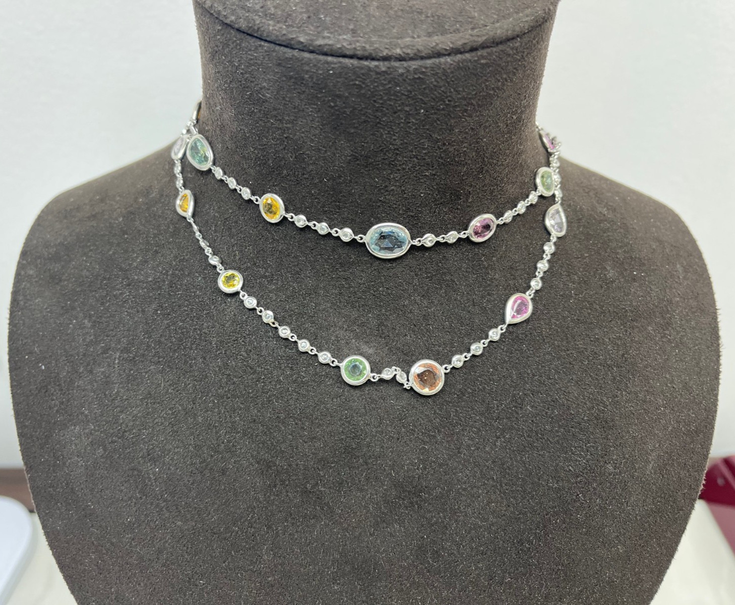 An Elegant White Gold Blue Sapphire and Diamond By-the-Yard Necklace