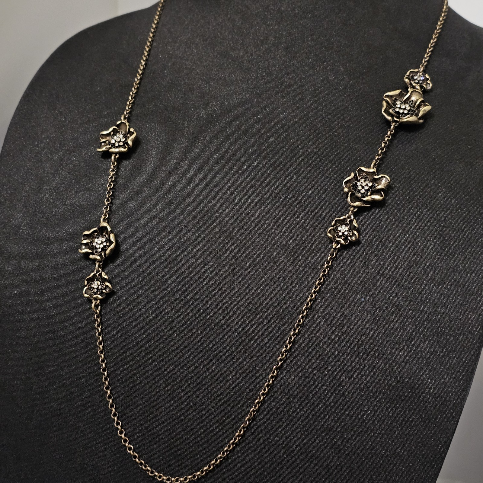 Ann Taylor Long Station Necklace Bronze Gold Floral Rhinestone Flower Chain NWT
