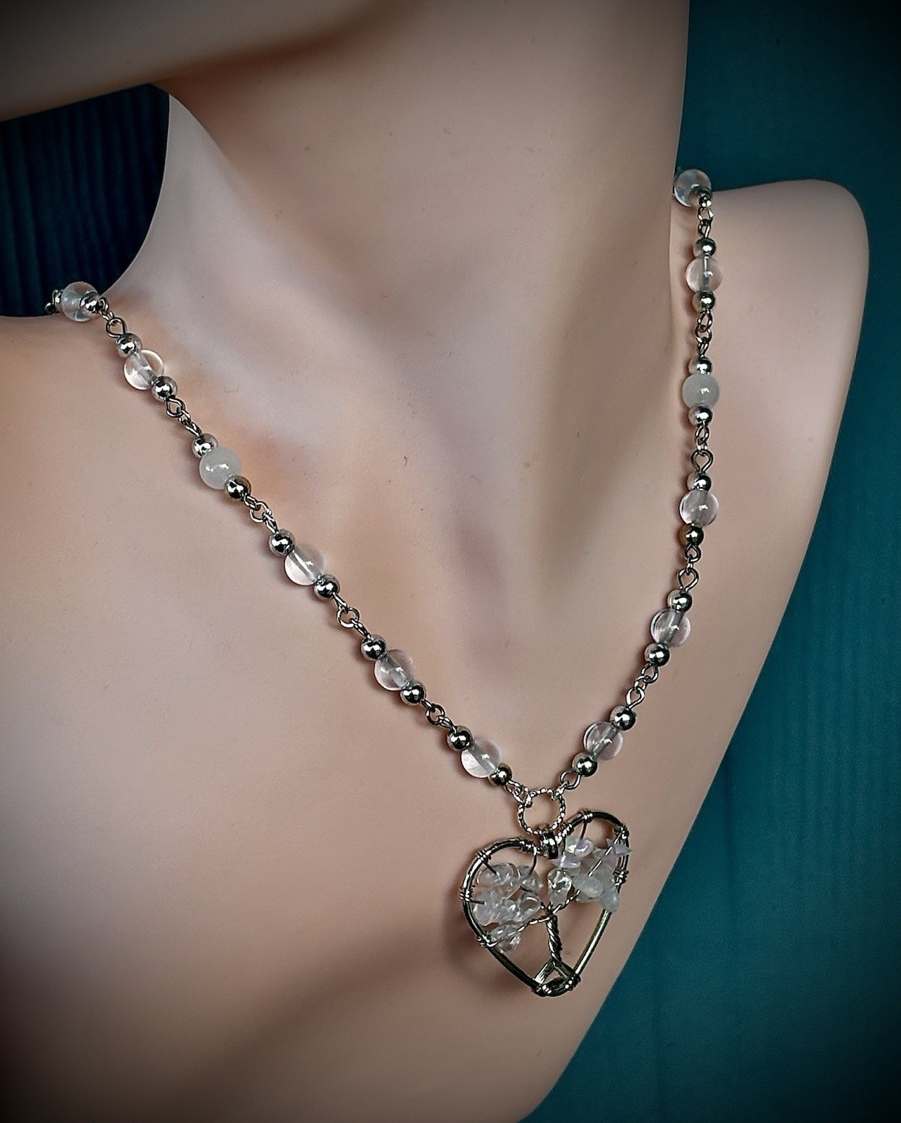 Handmade Heart Tree of Life Moonstone and Clear Quartz Necklace