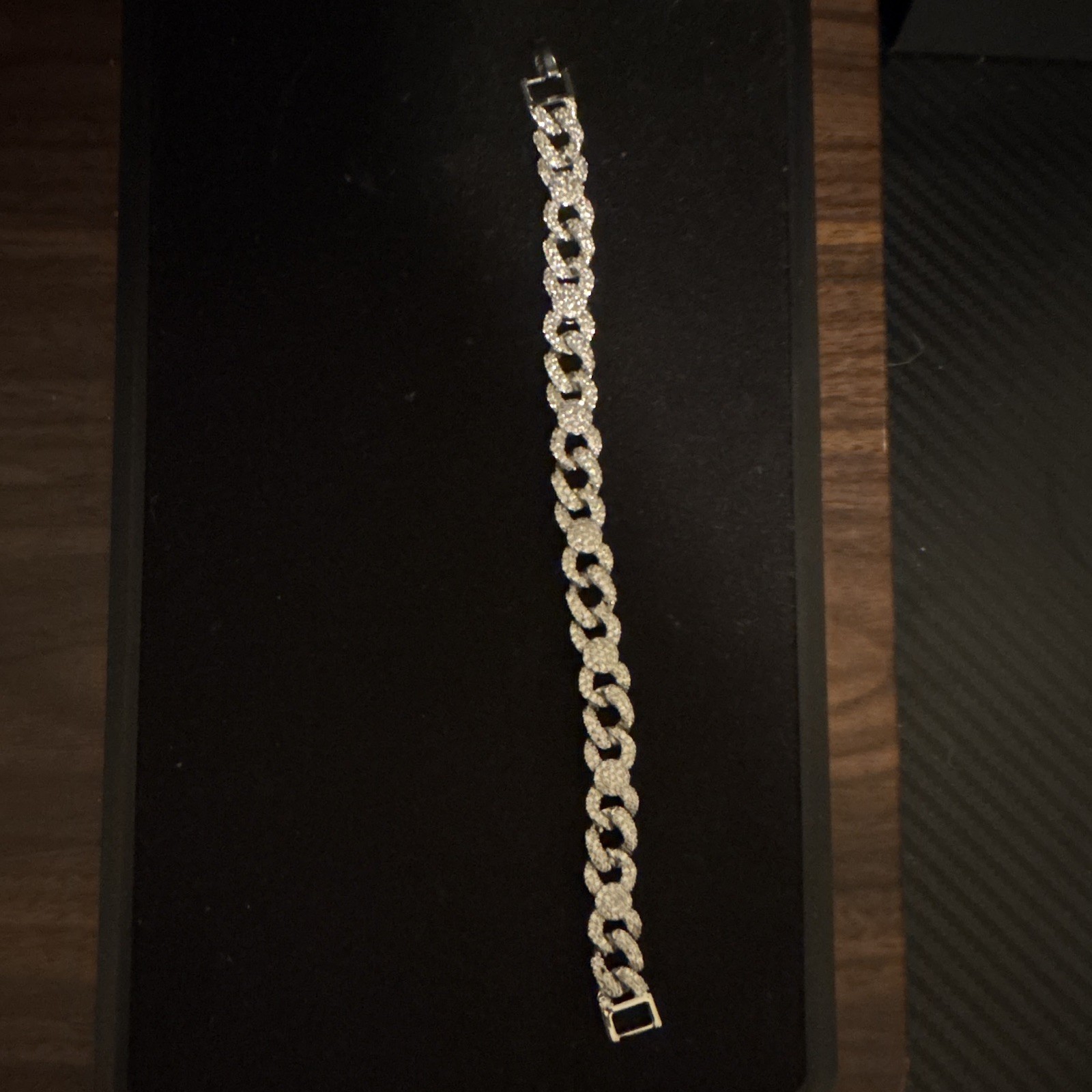 Silver Tone Cuban Link Pavé Rhinestone Bracelet, White Round Stones, Box Clasp