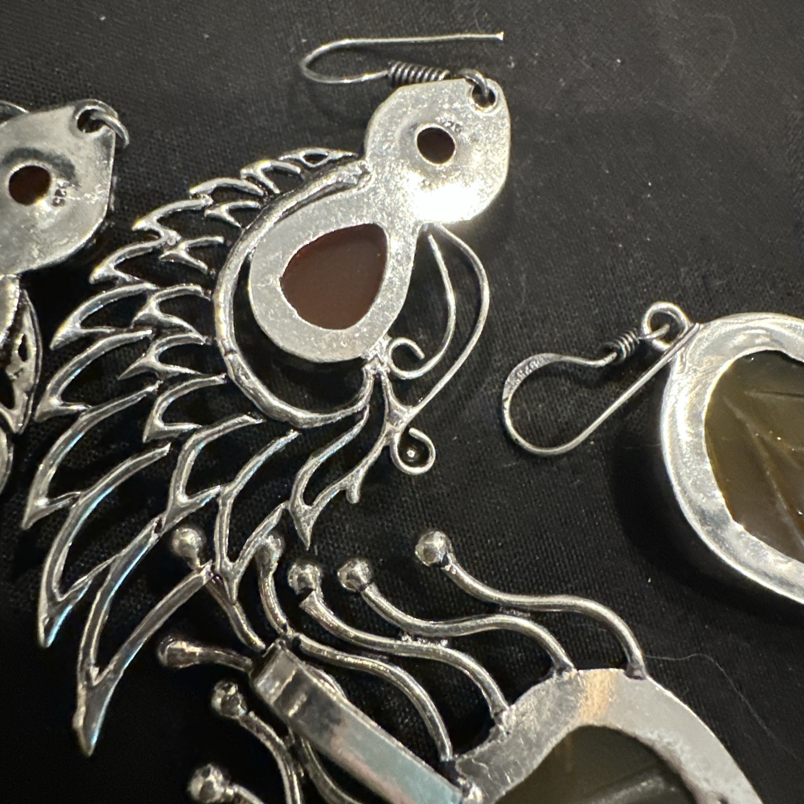 Silver Tone Simulated Gemstone Artisan Angel Wing Leaf Earrings & Pendant Lot 3