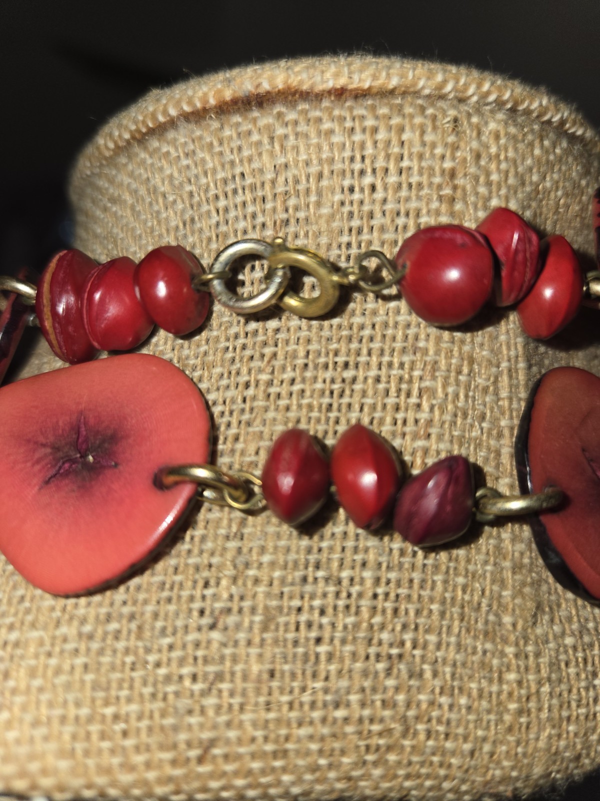 handcrafted artisan multi-strand necklace vibrant red Slices Tagua Nuts,seeds