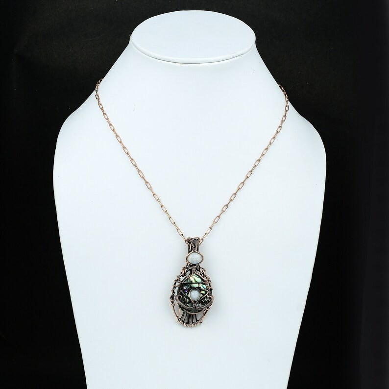 Handmade Evil Eye Copper Wire Wrapped Pendant, Abalone Shell & Moonstone