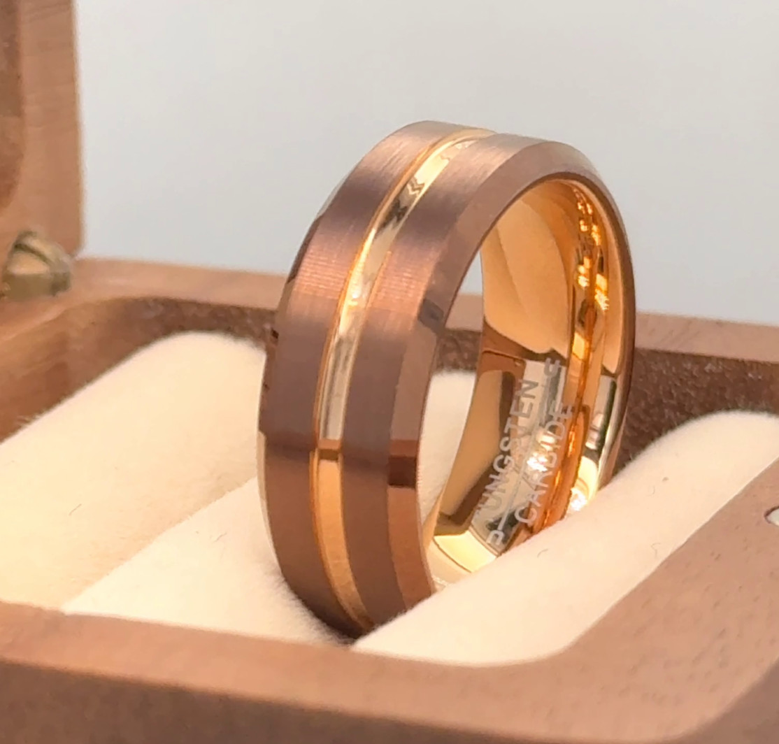 Unique Free Engraved Band For Christmas Gift Men Brown & Rose Gold Tungsten Ring