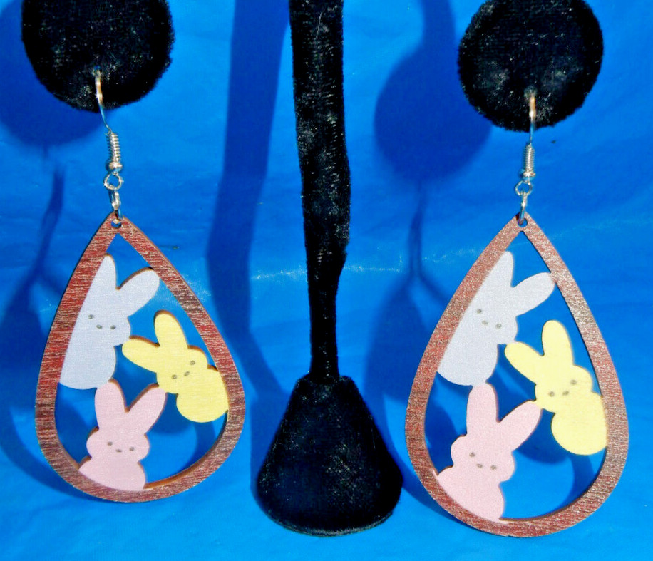 A-DOR-ABLE PEEPS BUNNY WOODEN CUTOUT EARRINGS, PERFECT 4 EASTER, SPRING, ANYTIME
