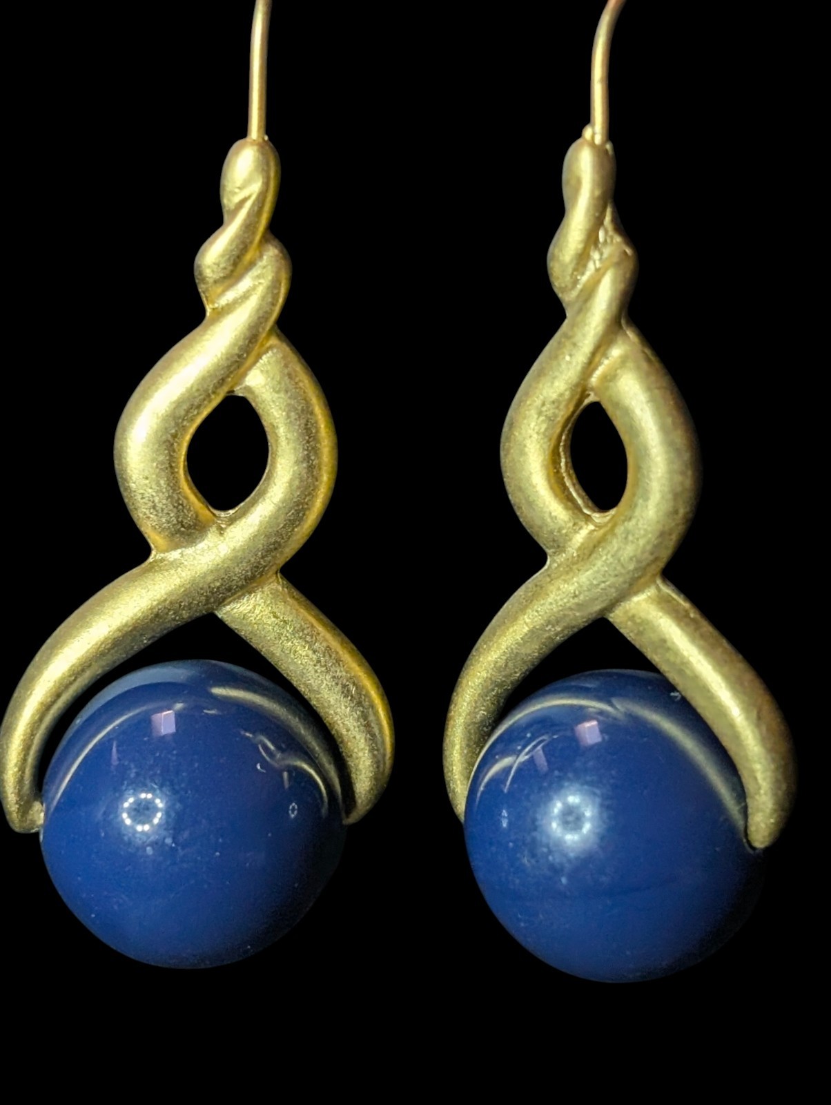 Matte Gold Finish Infinity Twist Dangle Earrings Round Blue Spinning Plastic…