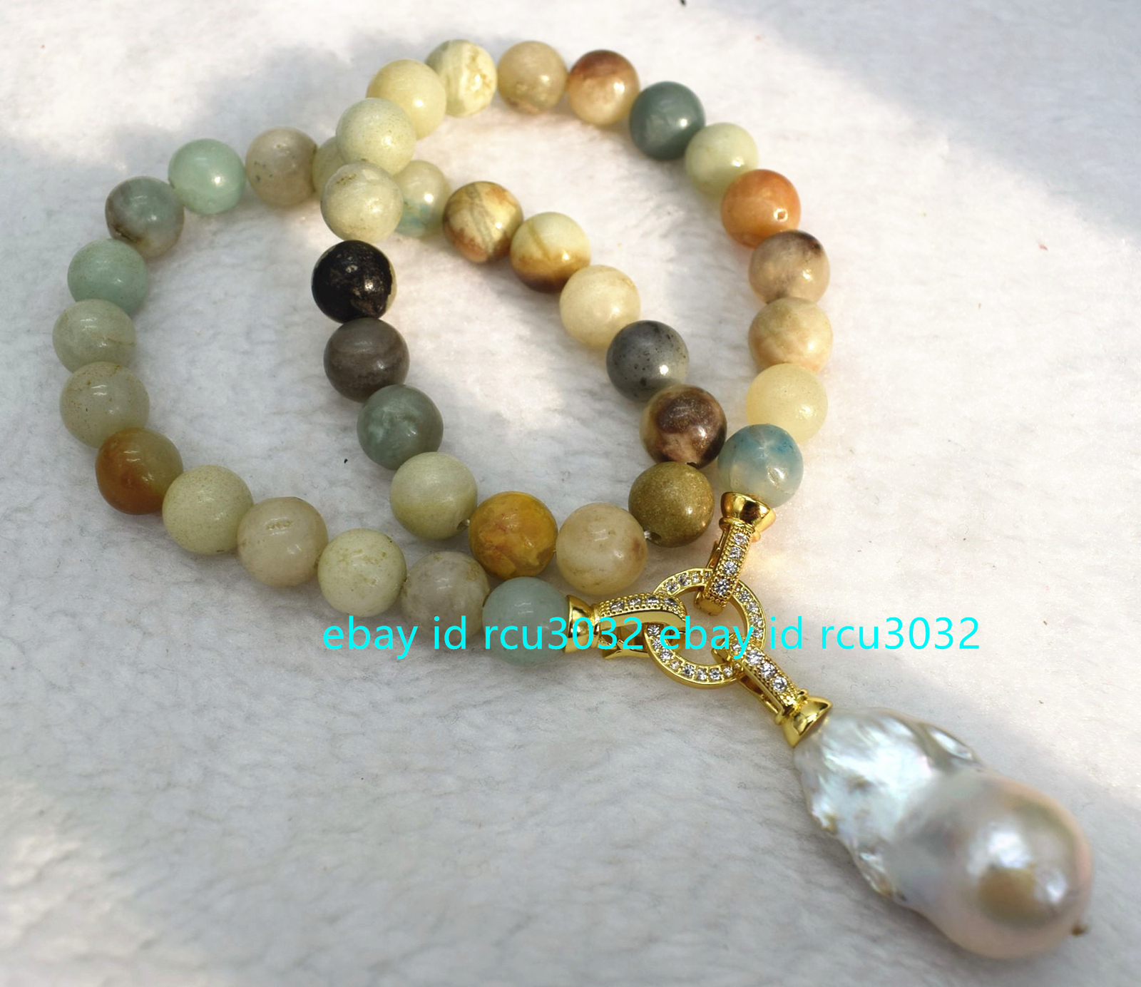 10mm Natural Multicolor Amazonite Gem White Keshi Baroque Pearl Pendant Necklace
