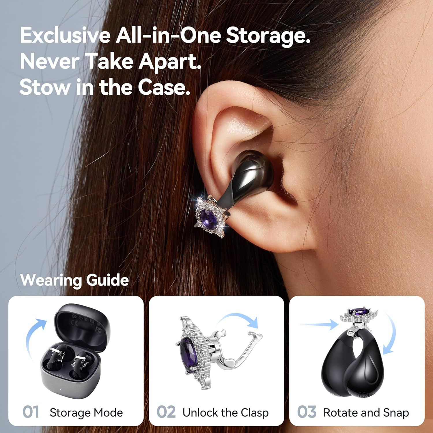 LINKLIKE Jewelry Edition Open Ear Clip-on Earbuds with Zircon Earrings, All-in-O