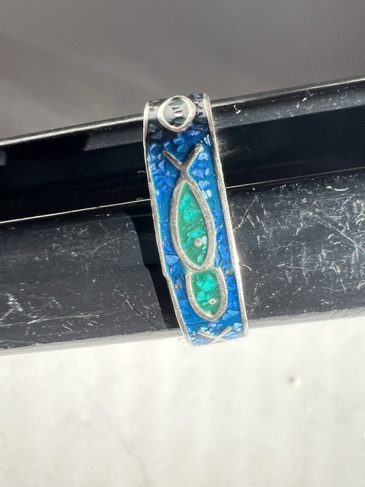 Vintage Antique Solid 14k Gold 585 Stamp Enamel Fish Figure Blue Ring Size 6.75